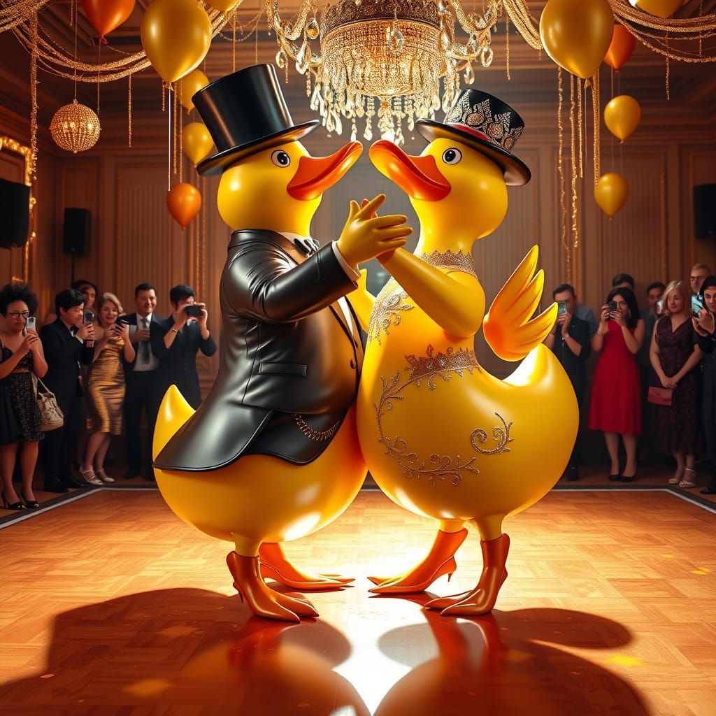 Dapper Rubber Duck Couple Dances Tango in Vibrant Party Atmo...