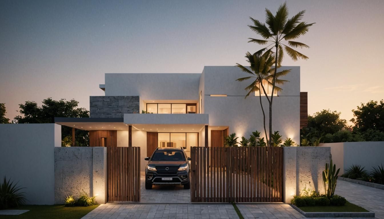 Modern House at Dusk: Hyperrealistic 3D Architectural Render...