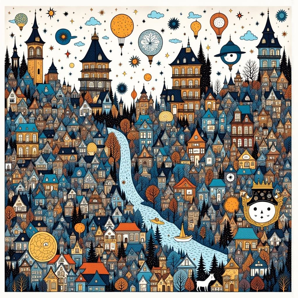 Whimsical Steampunk Landscape with Playful Doodles