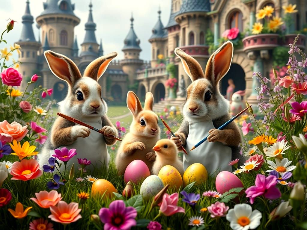 Bunnies Painting Easter Eggs in Renaissance Style