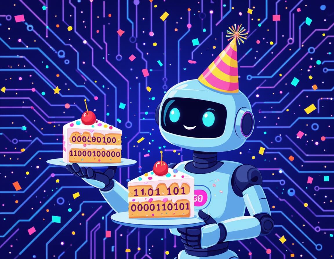 Cheerful AI Robot with Cake, Flat Illustration Style