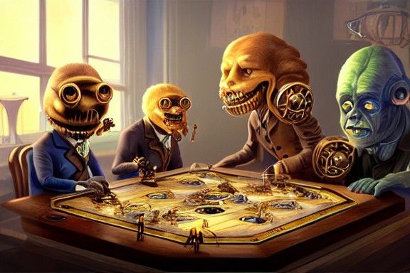 Steampunk Aliens Playing Board Game: Digital Painting