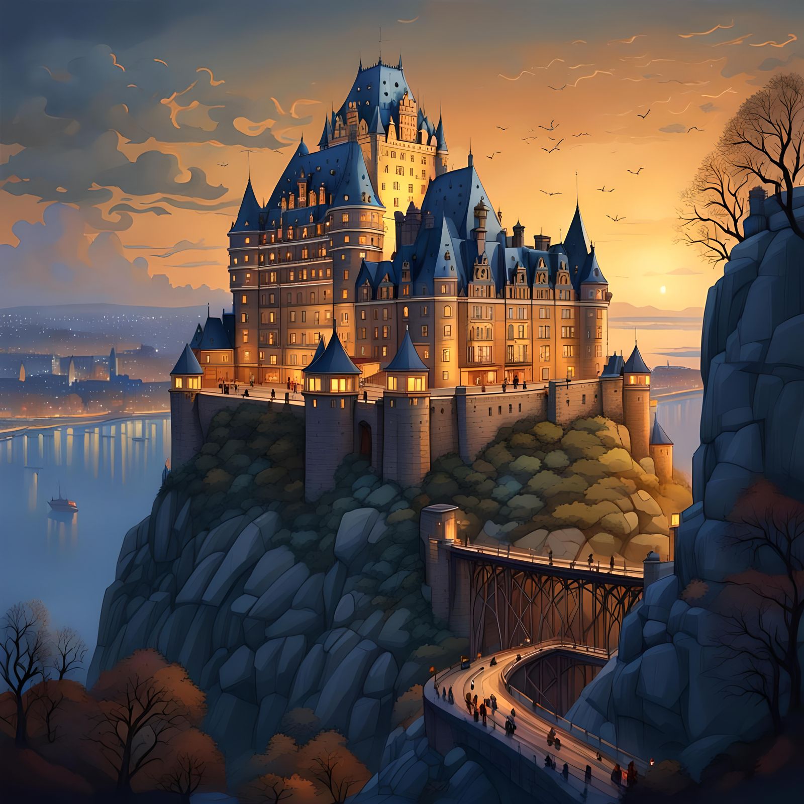 Chateau Frontenac at Night in Gouache Style