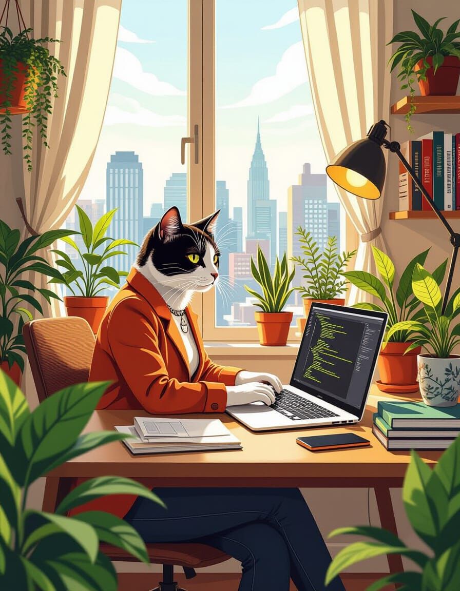 Millennial Cat Working From Home in Art Deco Style