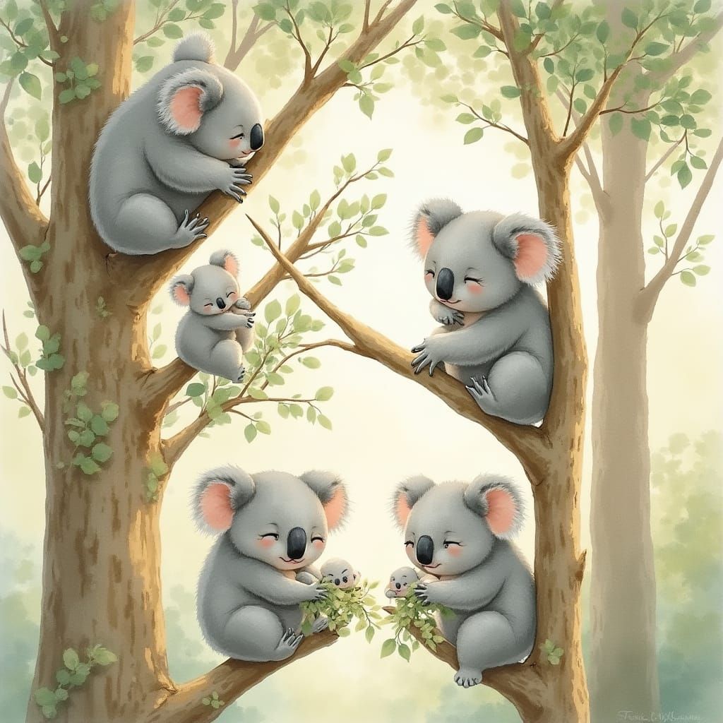 Koalas Cuddling in Eucalyptus Trees as Watercolor Illustrati...