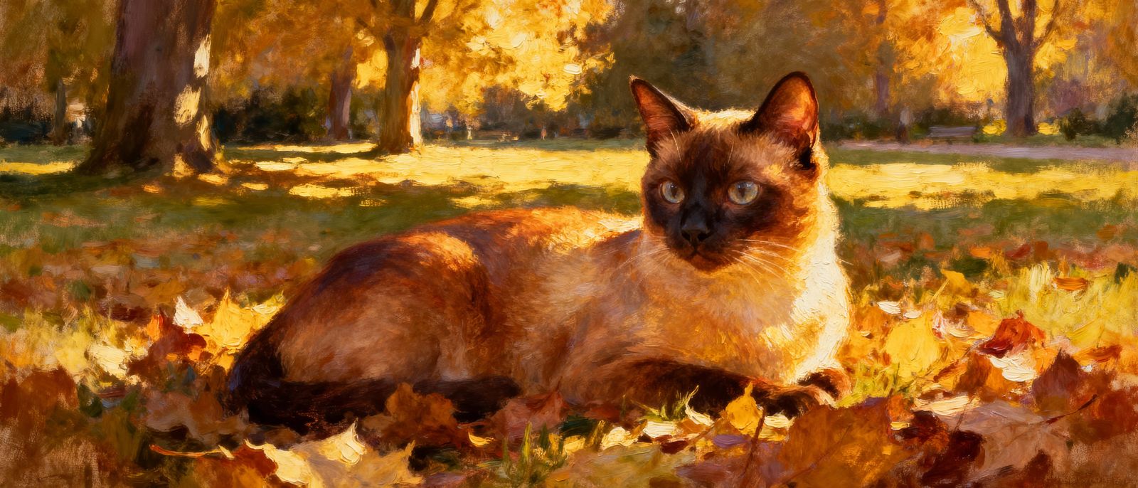 Siamese Cat in Golden Hour Sunlight, Impressionistic Oil Pai...