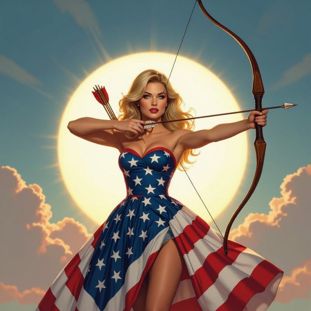 American Flag Dress Woman Holding Bow and Arrow