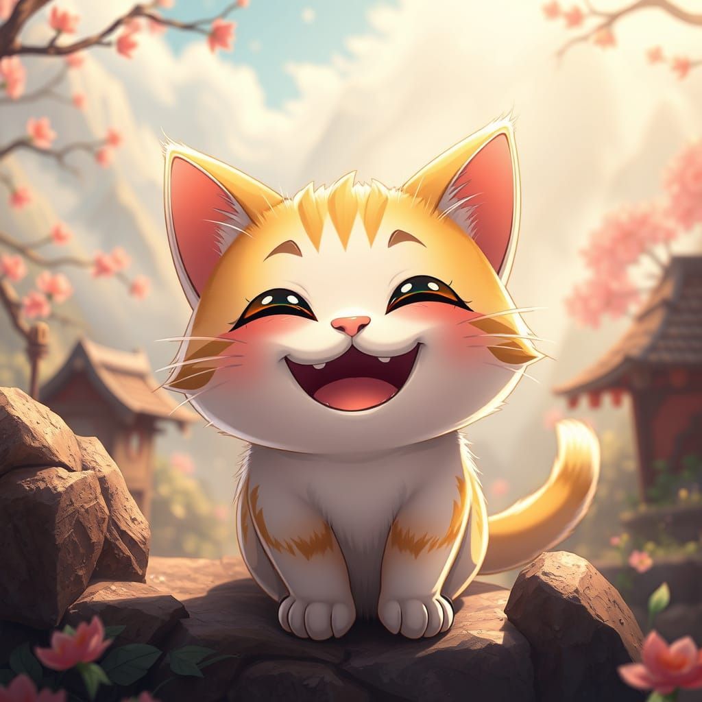 Whimsical Chibi Cat in Vibrant Anime-Inspired Landscape