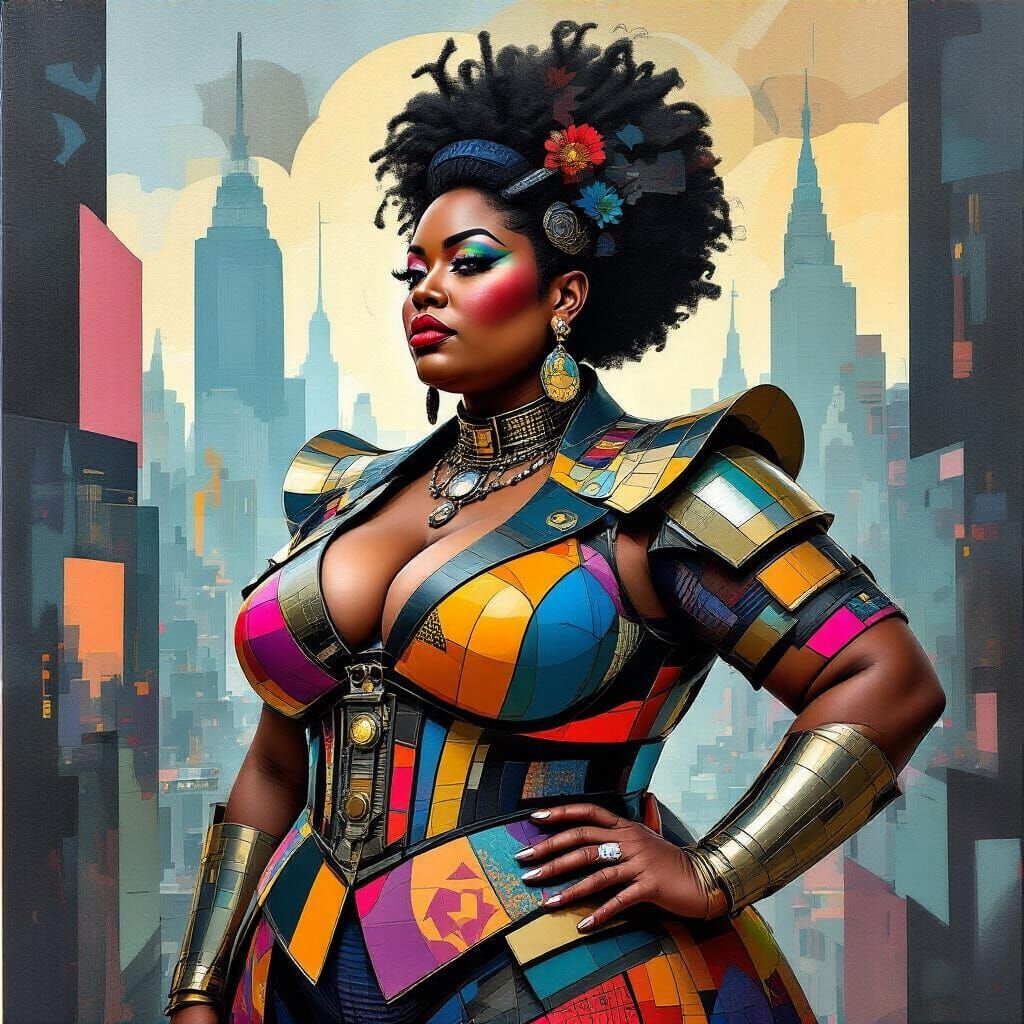 Resilient Afrofuturist Woman in Cubist Cityscape