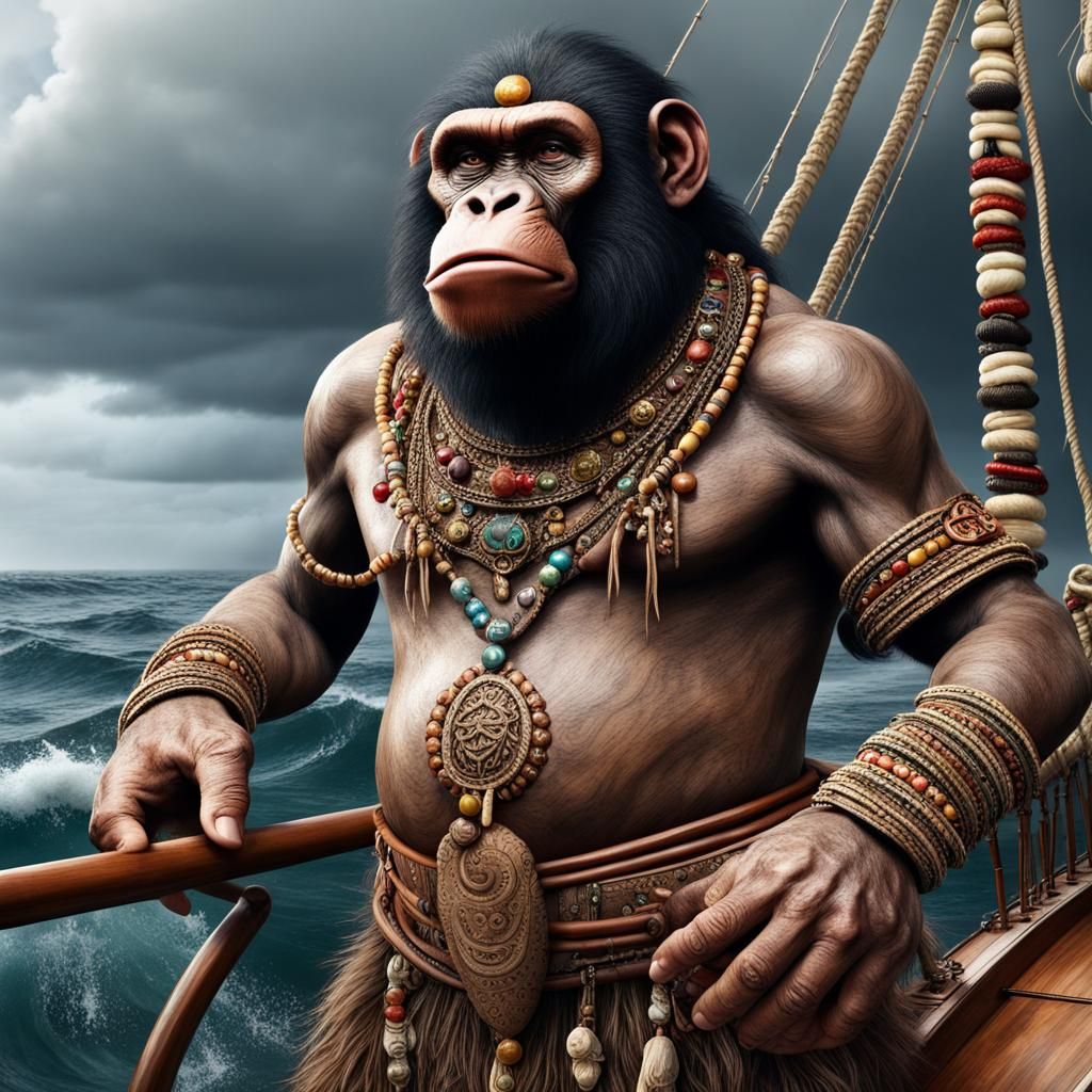 Polynesian Ape Sailing on Stormy Sea