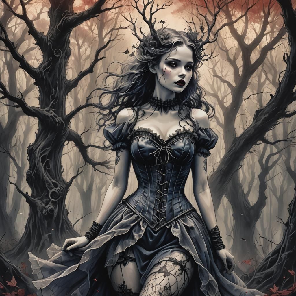 Angelic Nymph in Misty Woods: Dark Fantasy Illustration