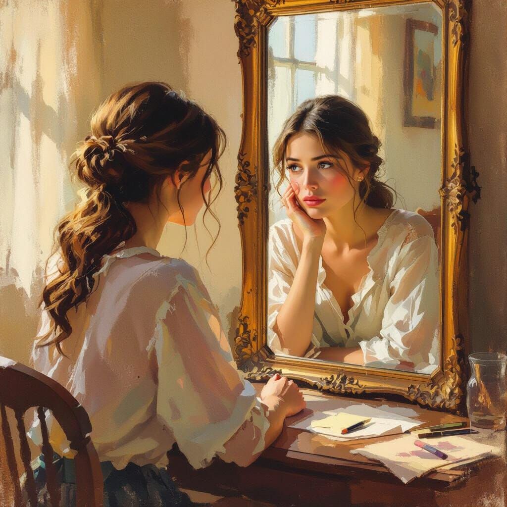 Woman Sees Older Reflection in Mirror, Sorrows Evoked