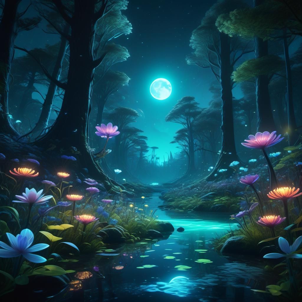 Bioluminescent Forest at Night: Fantasy Concept Art