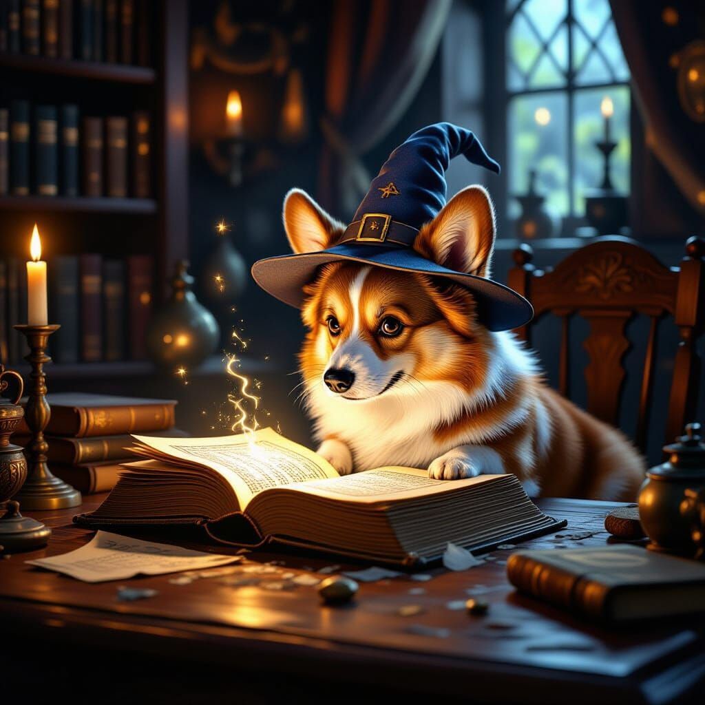 Whimsical Corgi Wizard Reads Ancient Tome