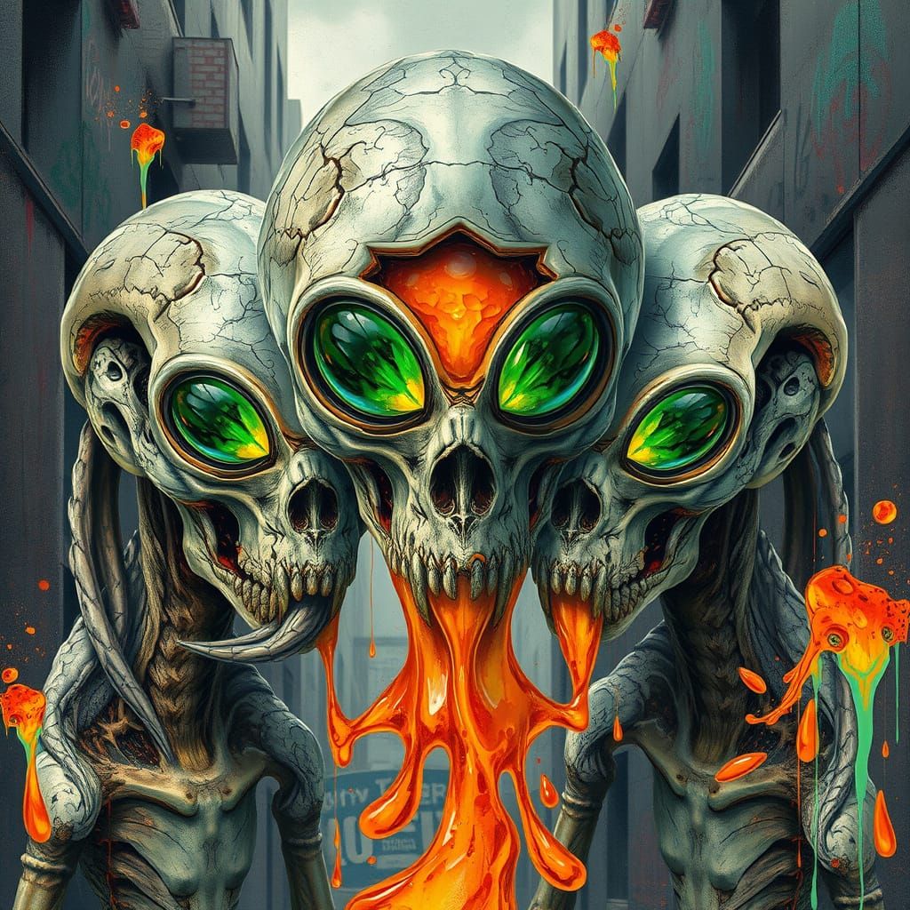 Surreal Urban Creatures with Glowing Emerald Eyes