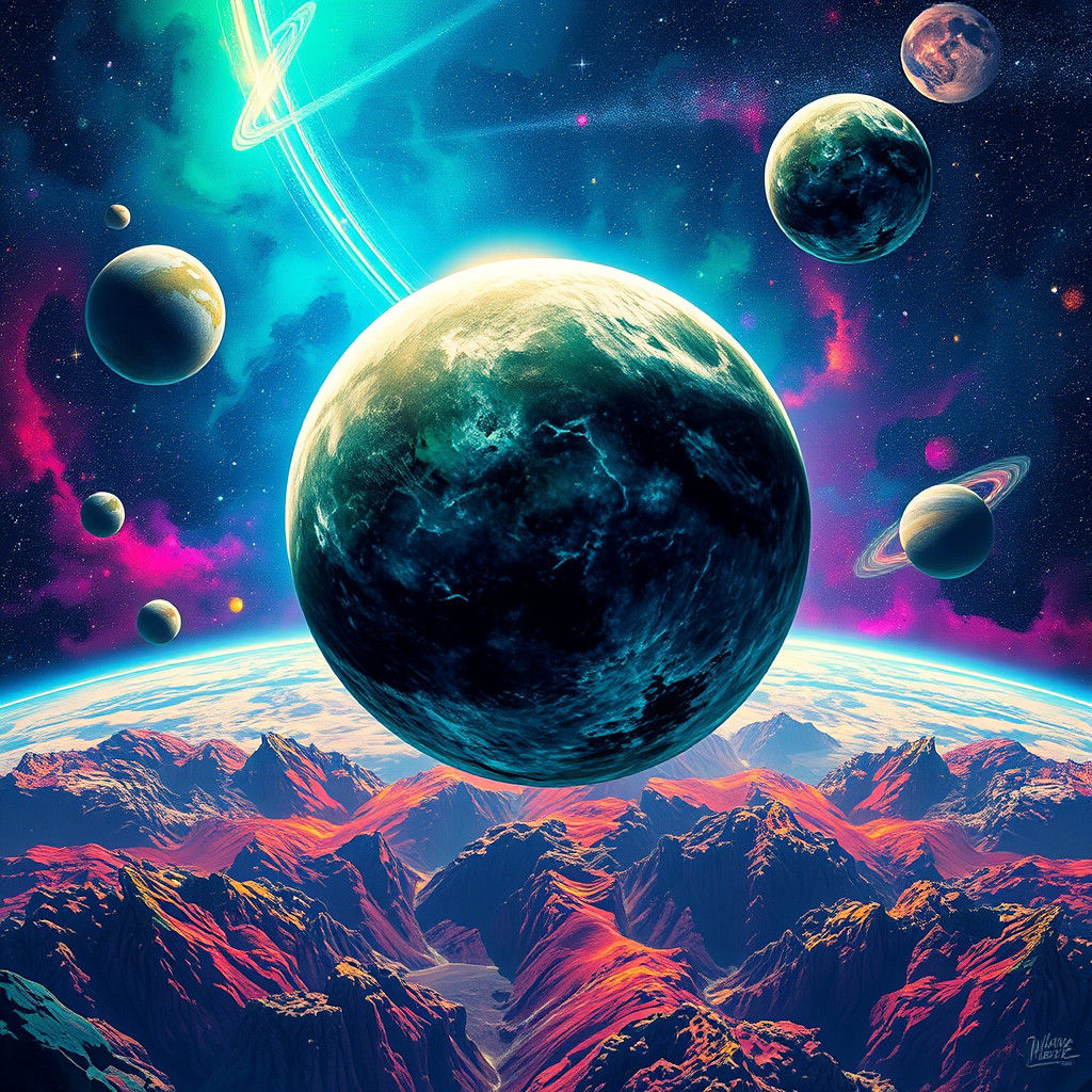 Cosmic Landscape with Moon in Graffiti Art Style
