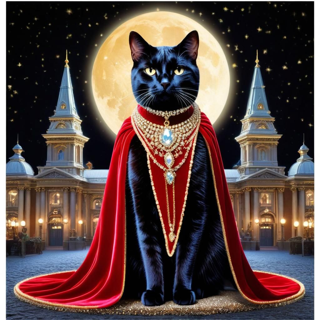 Fairy lights Fuzzy texture Cat wearing red velvet cape jewels Opera house Cat going to the phantom of the opera Cat wear...