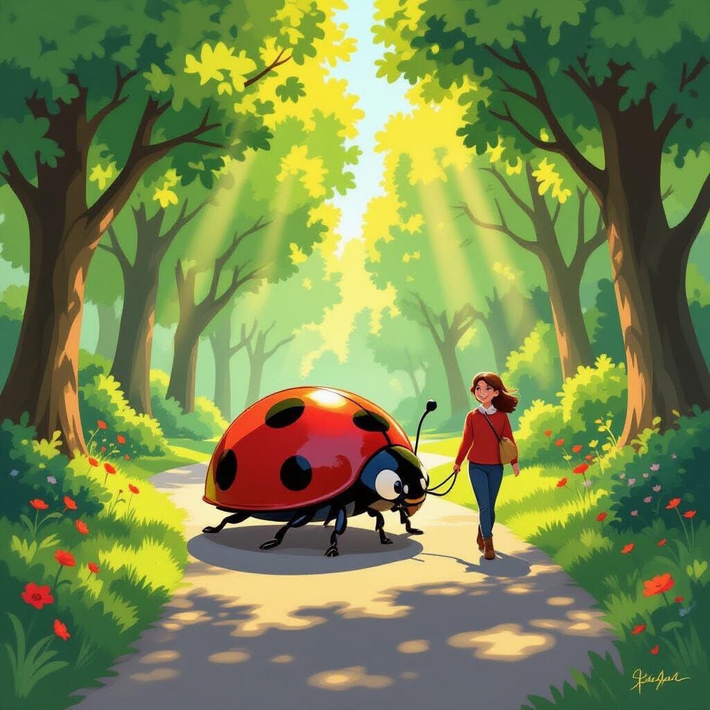 Whimsical Digital Painting of Person Walking Giant Ladybug