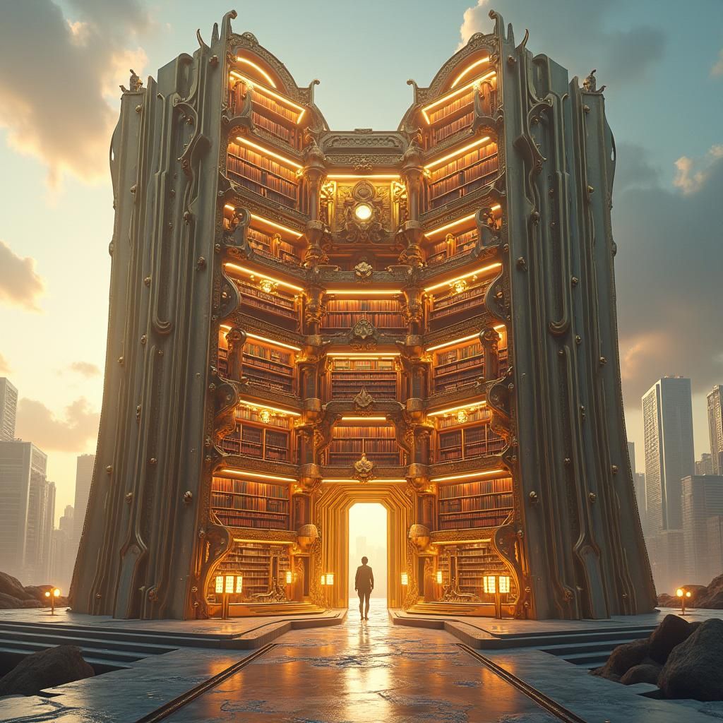 Colossal Book Building: A Futuristic Library in Cyberpunk Ci...
