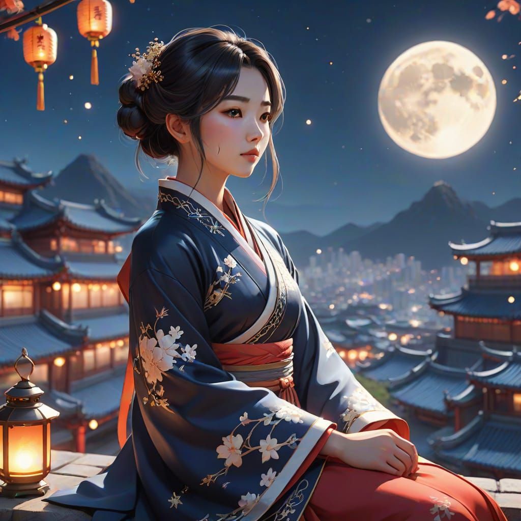 Asian Woman in Hanfu Clothing Under Starry Night Sky