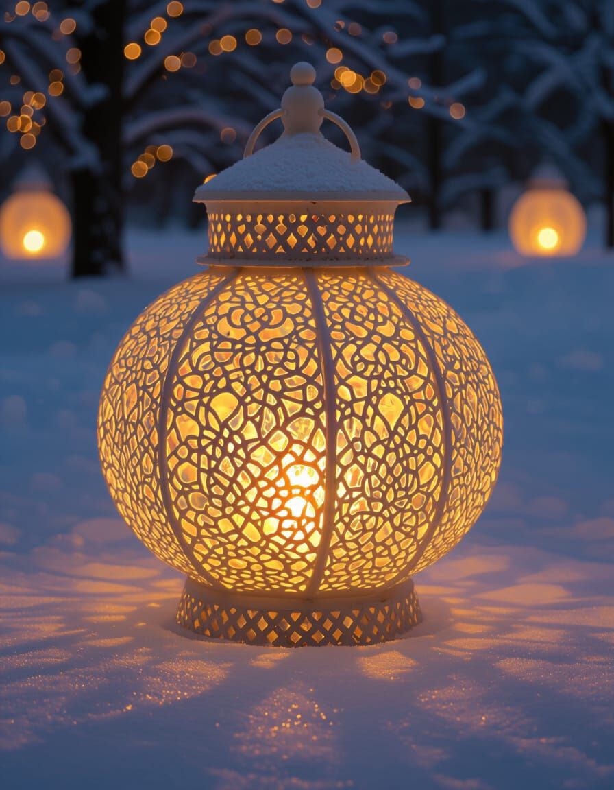 Glowing Ice on Fire Antique Lace Lantern in Mirrored Outdoor...