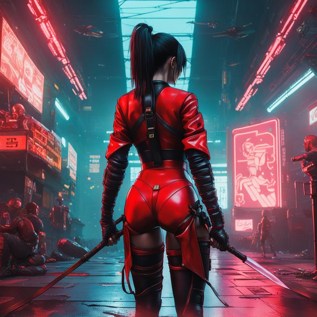 Cyberpunk Samurai Girl in Neon Cityscape
