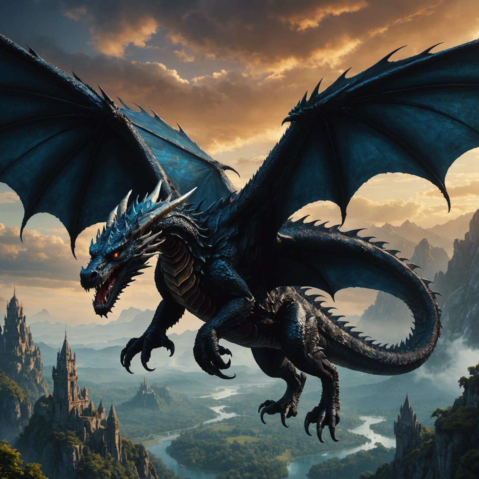 Black Dragon Gliding Through the Sky in Matte Painting