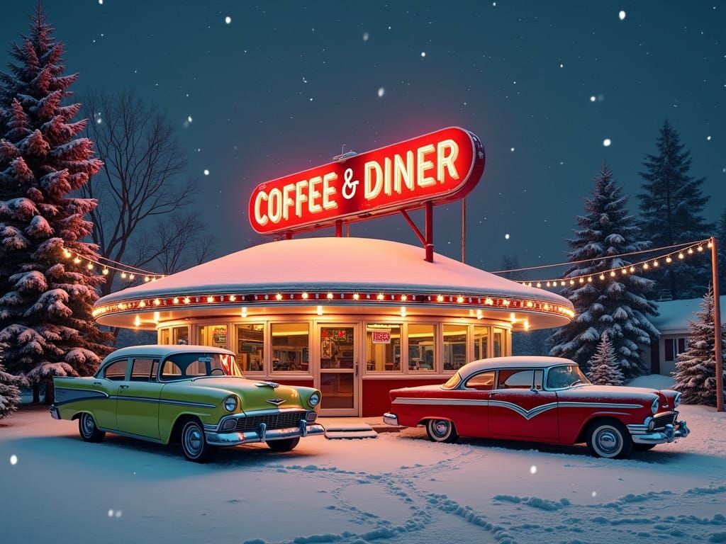 Retro Winter Diner Scene under Starry Night Sky