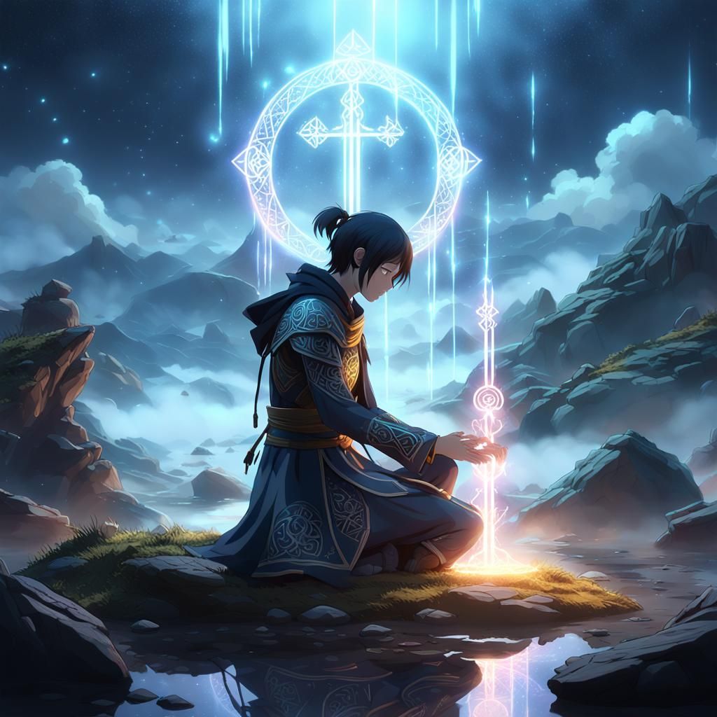 Mystical Figure in Ethereal Landscape, as 3D Anime Art