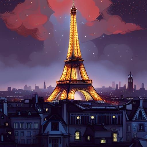 Eiffel Tower with Luminous Colors and Golden Outlines