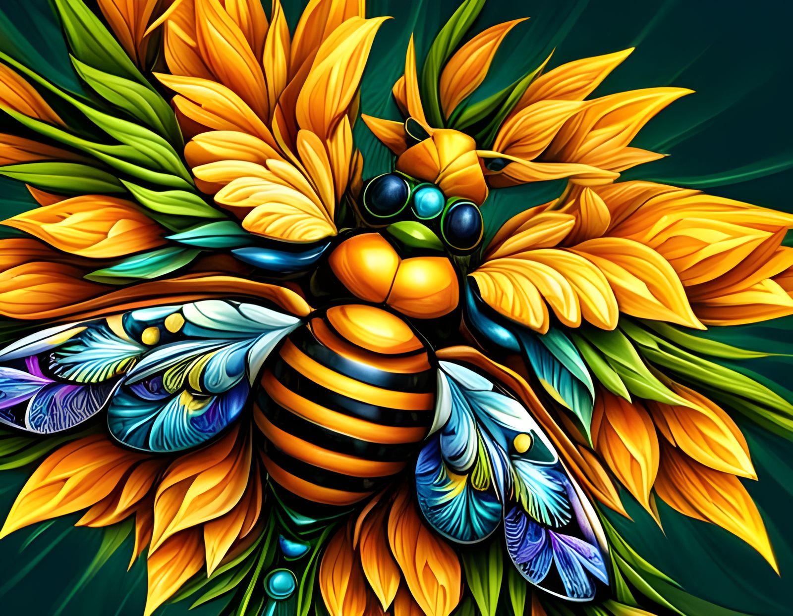 Cyberpunk Floral Robotic Bee Digital Illustration