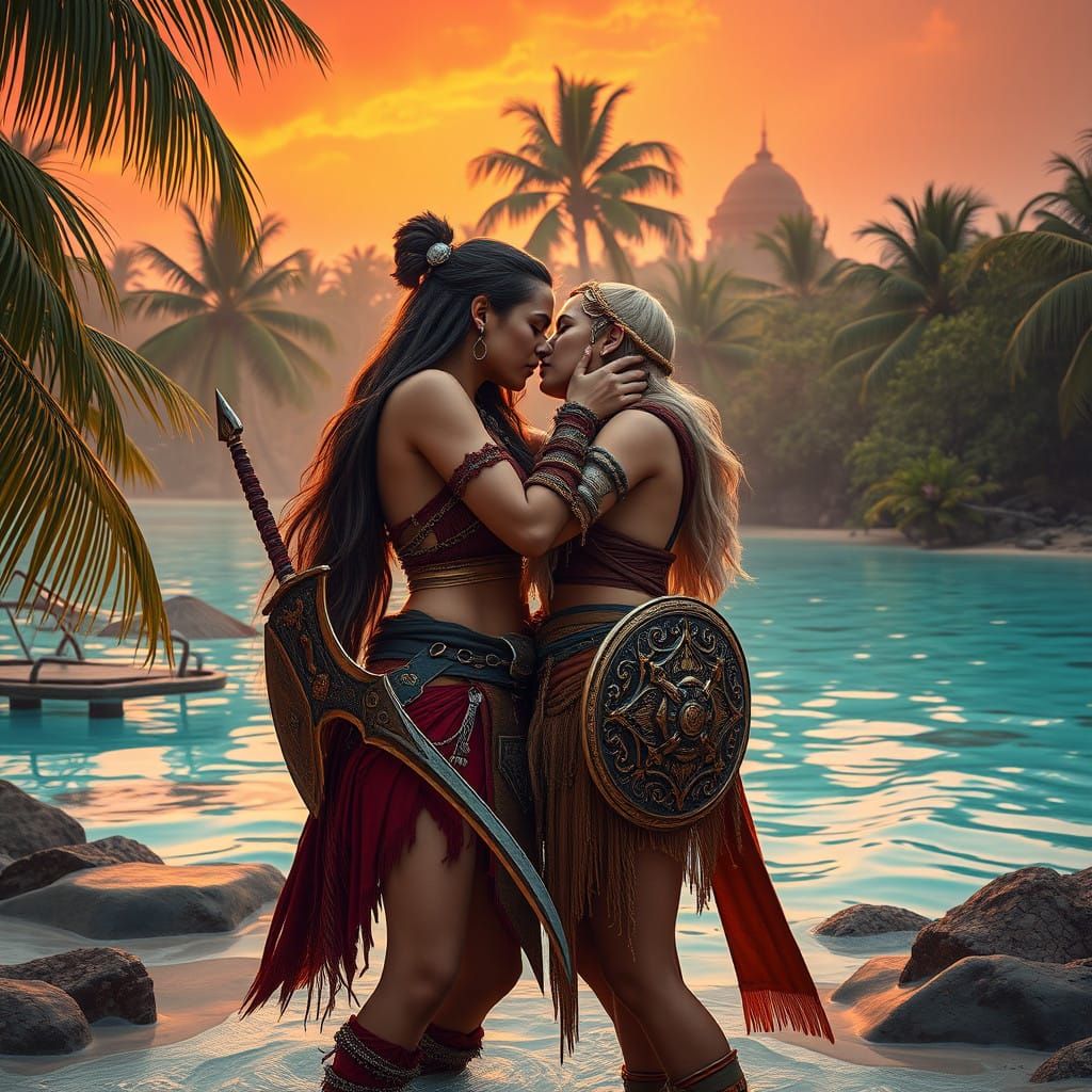 Loving Amazonian Warrior Women Embrace on Tropical Beach