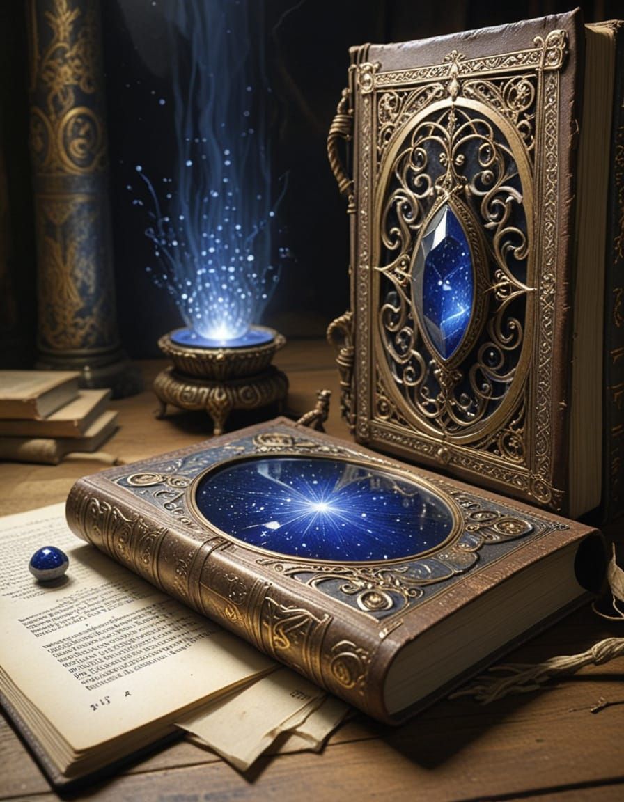 Golden Periapt on Ancient Leather-Bound Tome