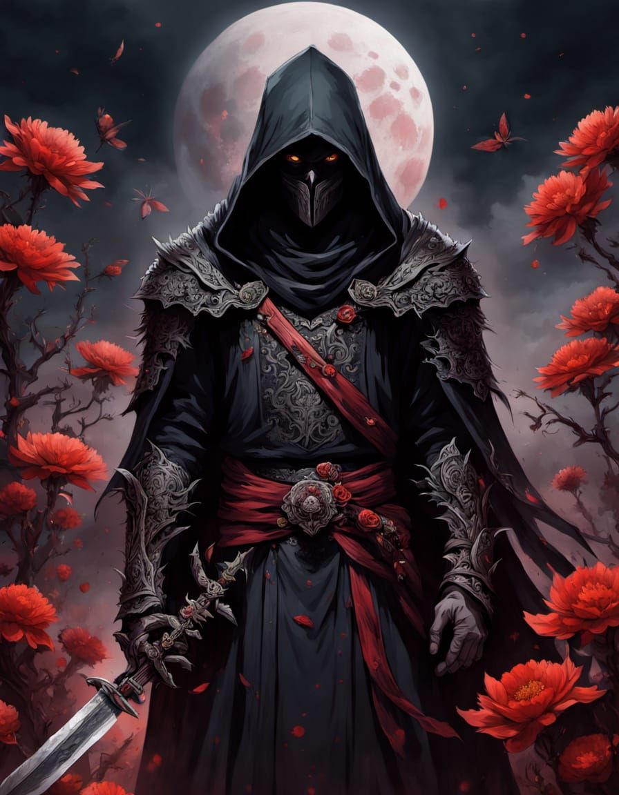 Mysterious Warrior Stands Before a Blood-Red Moon in Gothic ...