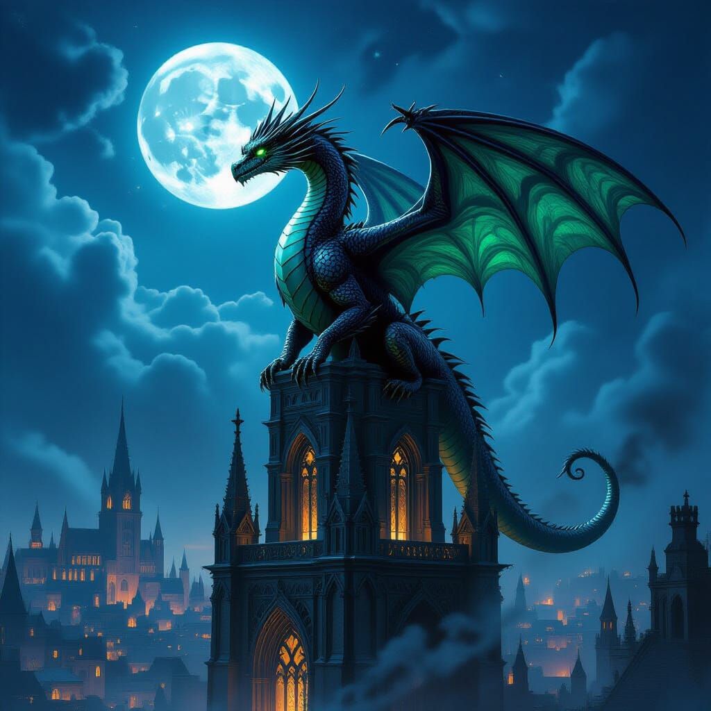 Ancient Dragon on Gothic Cathedral in Ethereal Night