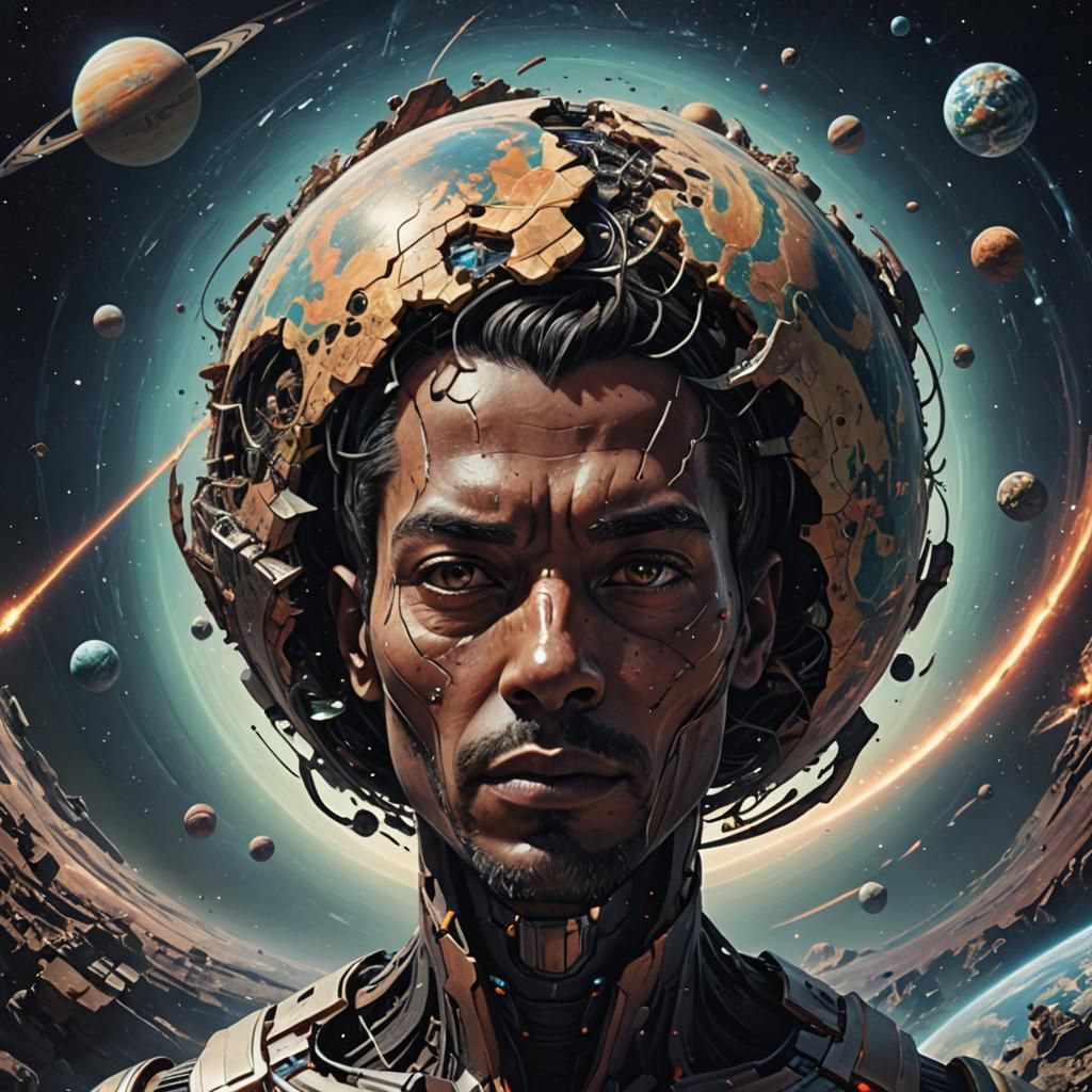 Surreal Planet in Flux with Human Head