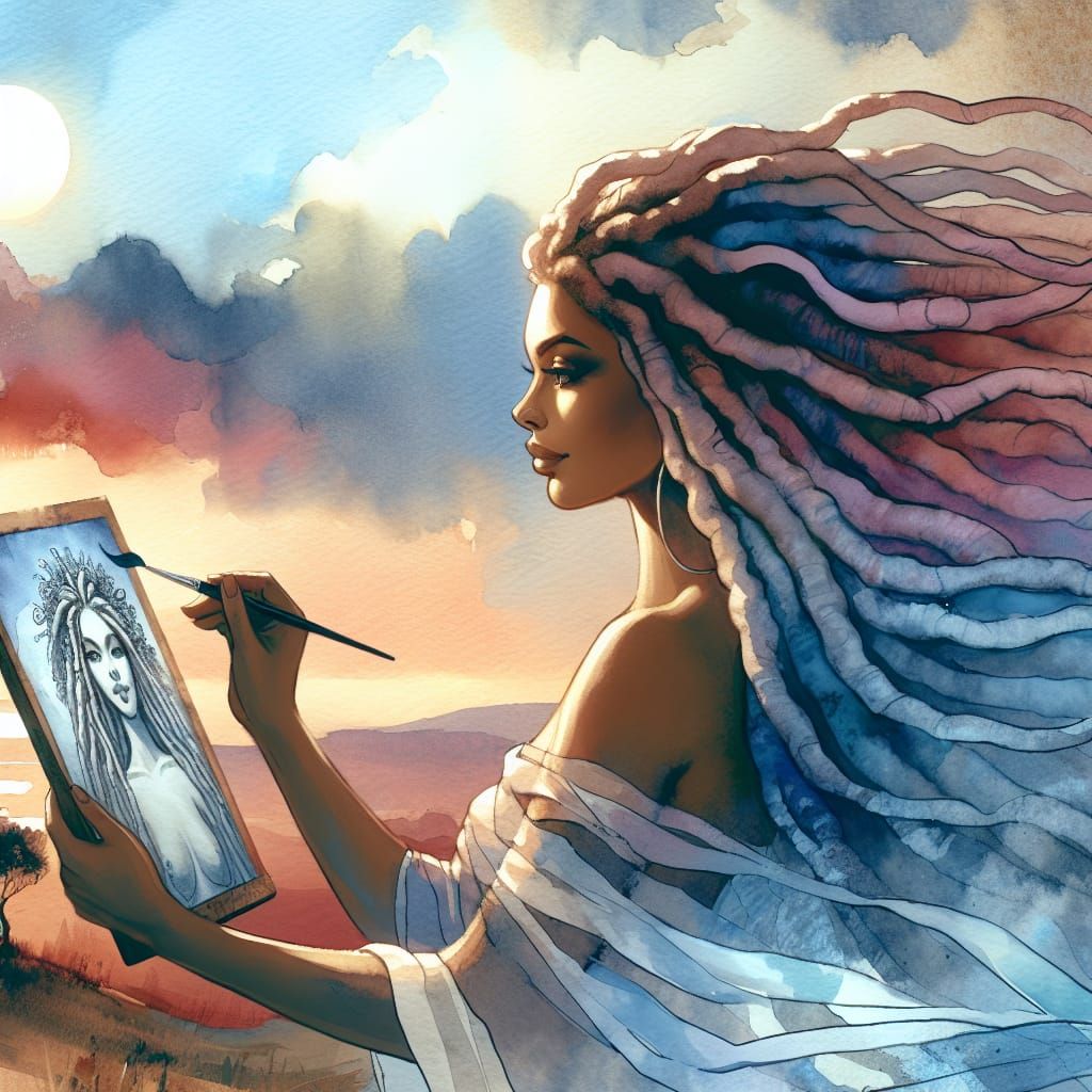 Goddess Painting Self-Portrait in Watercolor Style