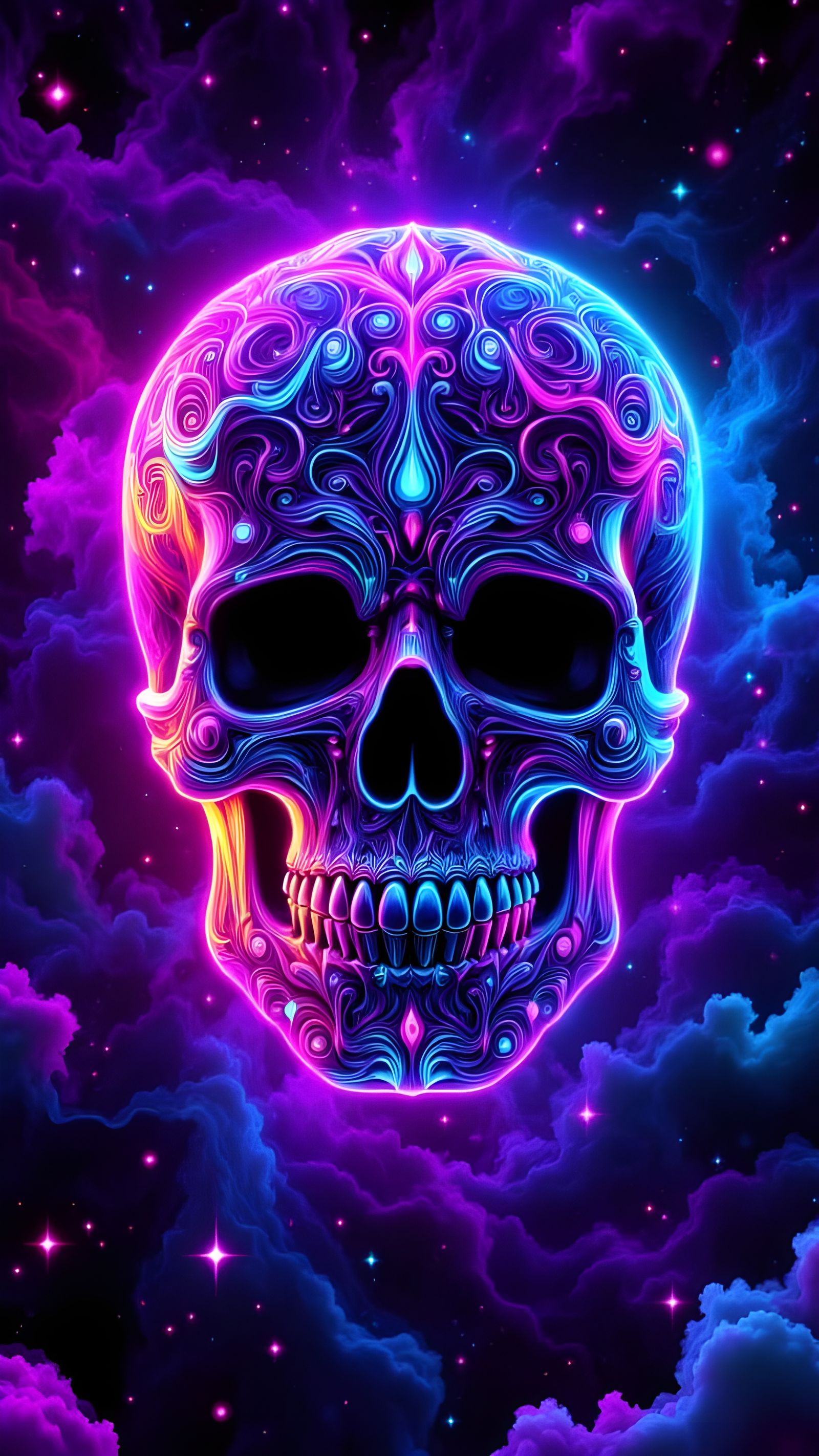 Vibrant Neon Skull in Gothic Precisionism