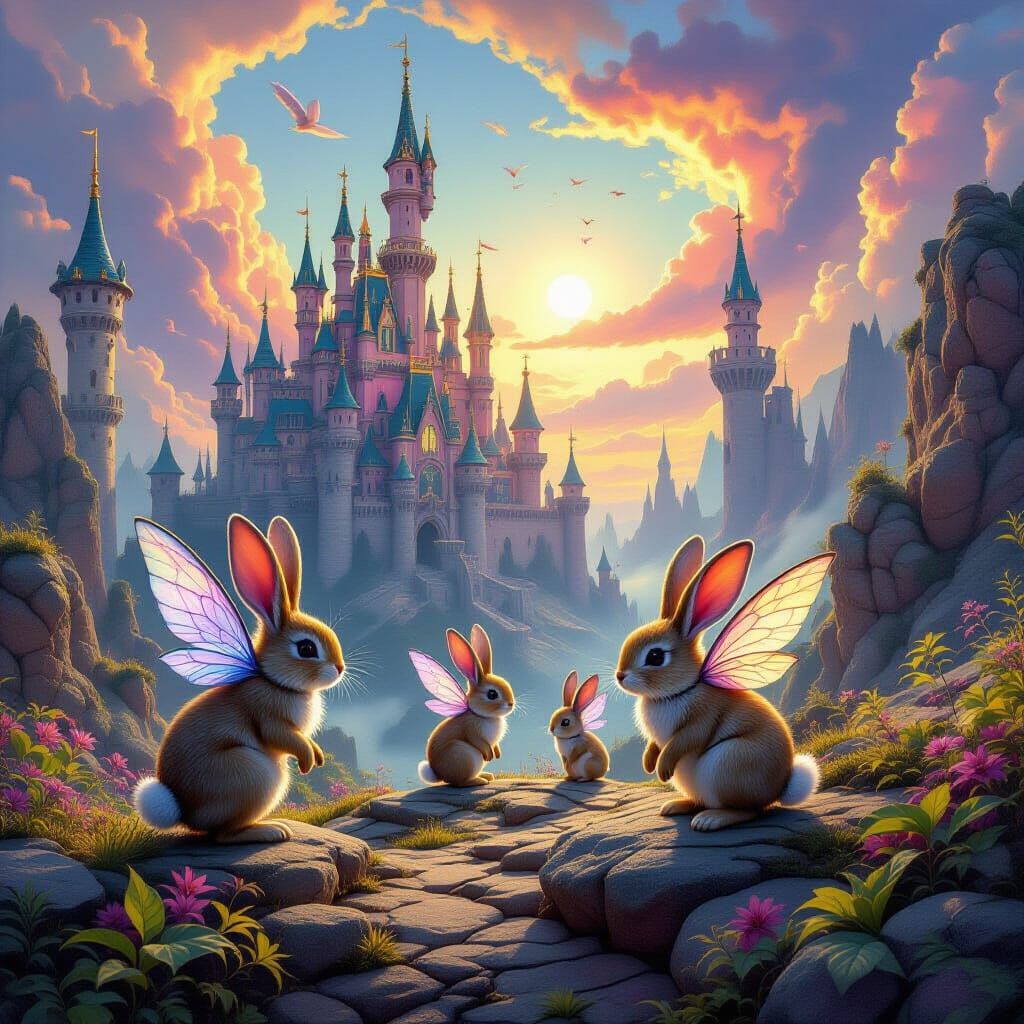 Gothic Castles Float in Surreal Colorful Sky with Fairy Rabb...