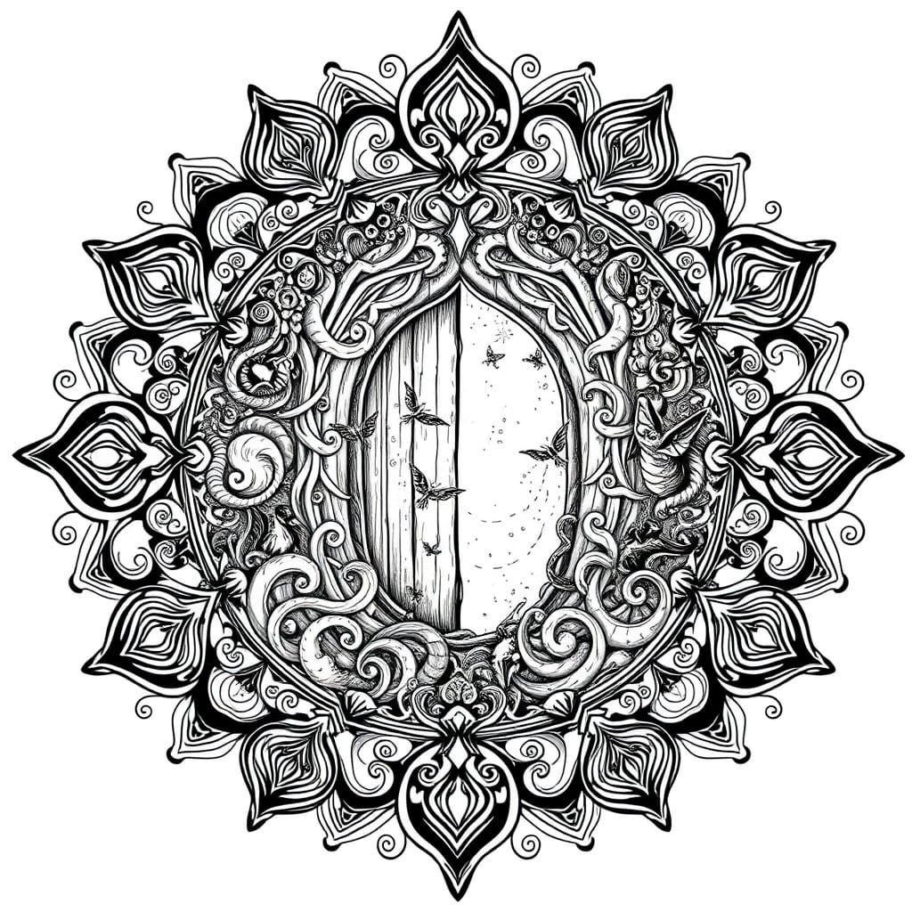 Surreal Black and White Mandala with Whimsical Creatures and...