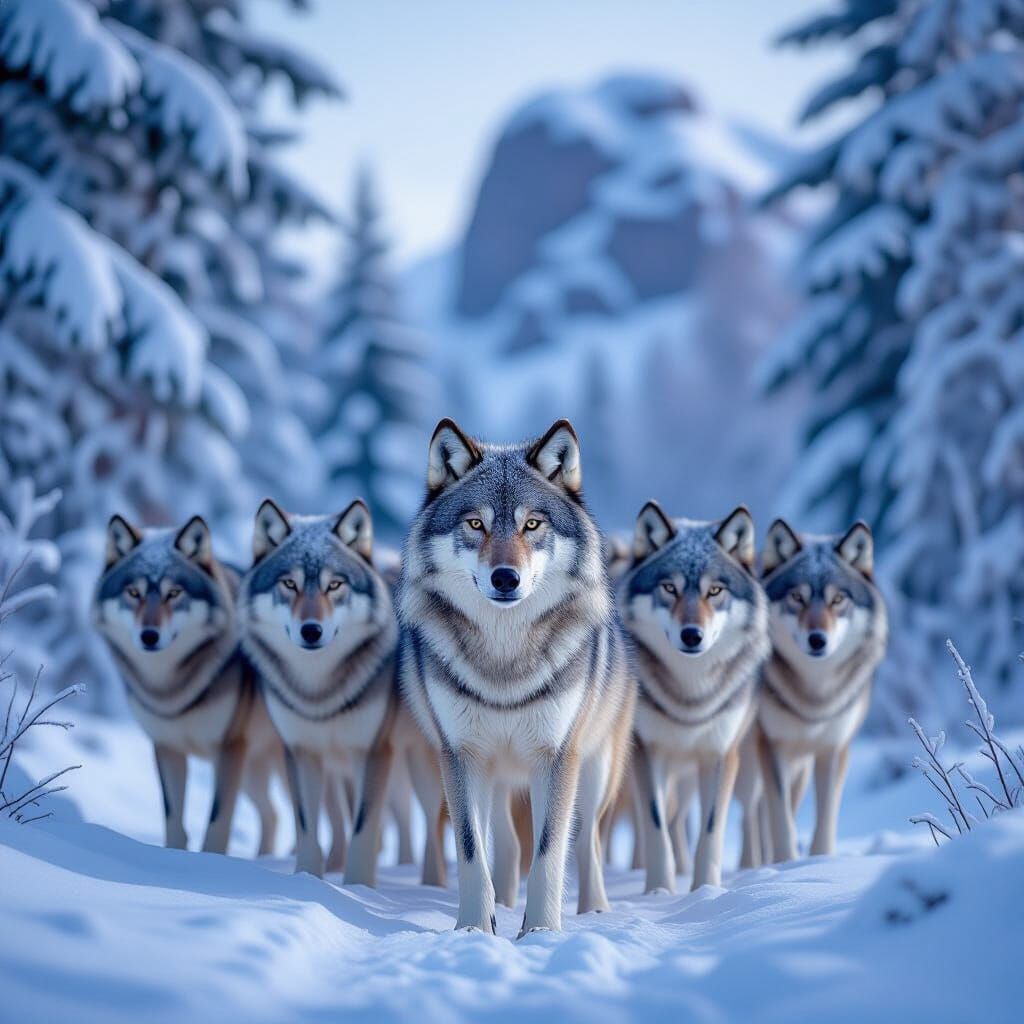 Wolves Unite in Snowy Woodland Scene