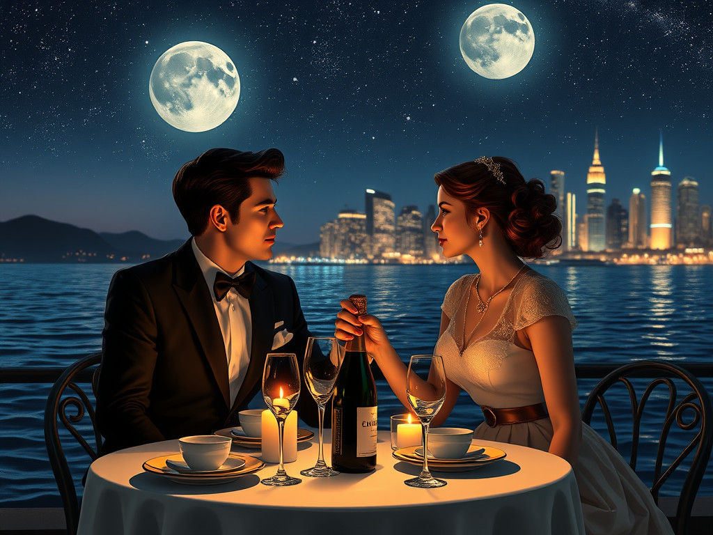 Elegant Couple Basks in Moonlit Romance by the Sea