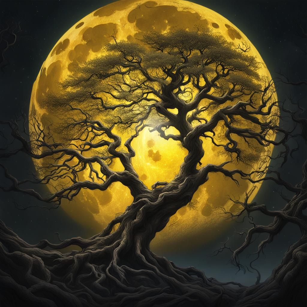 Eerie Tree Silhouette Against a Glowing Moon