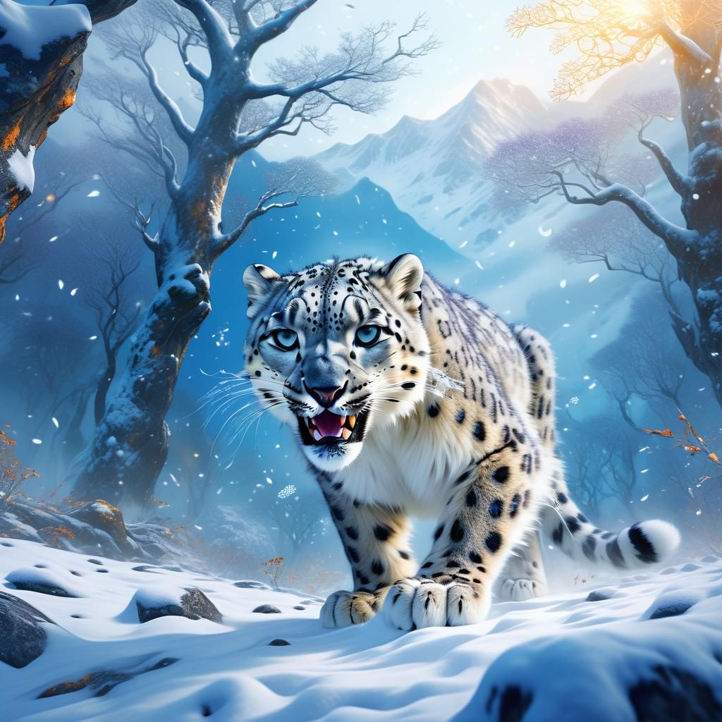 Snow Leopard Pounces in Vibrant Winter Wonderland