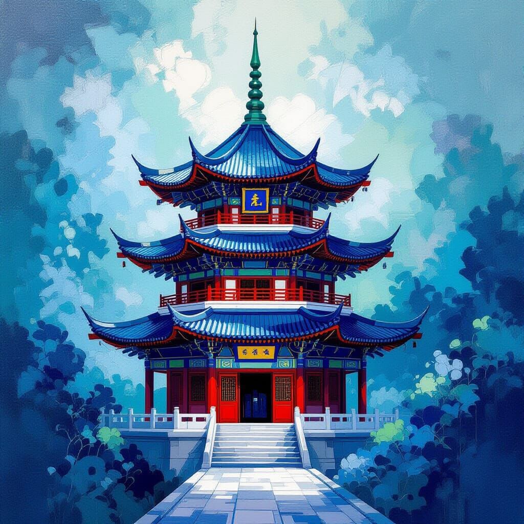 Abstract Pagoda Digital Painting in Blue, Green, Silver