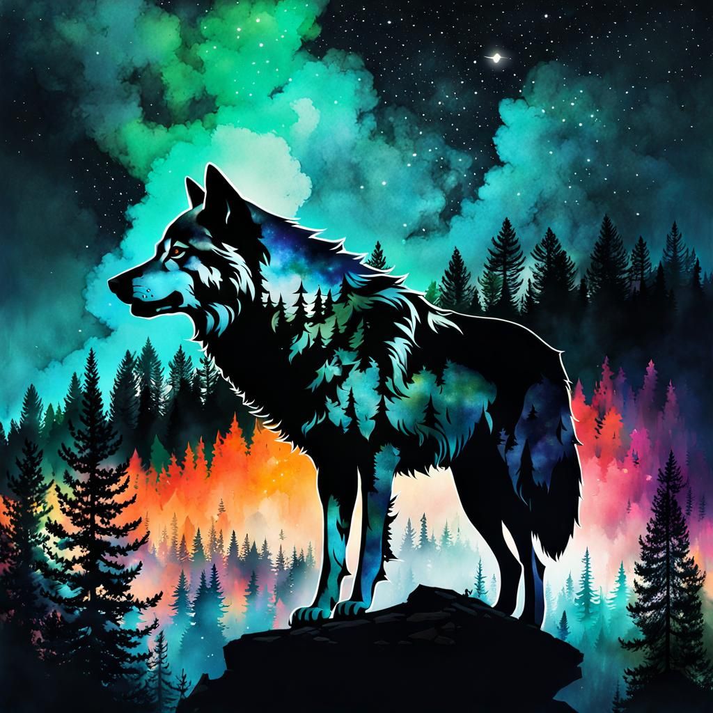 Double Exposure Wolf Against Night Sky