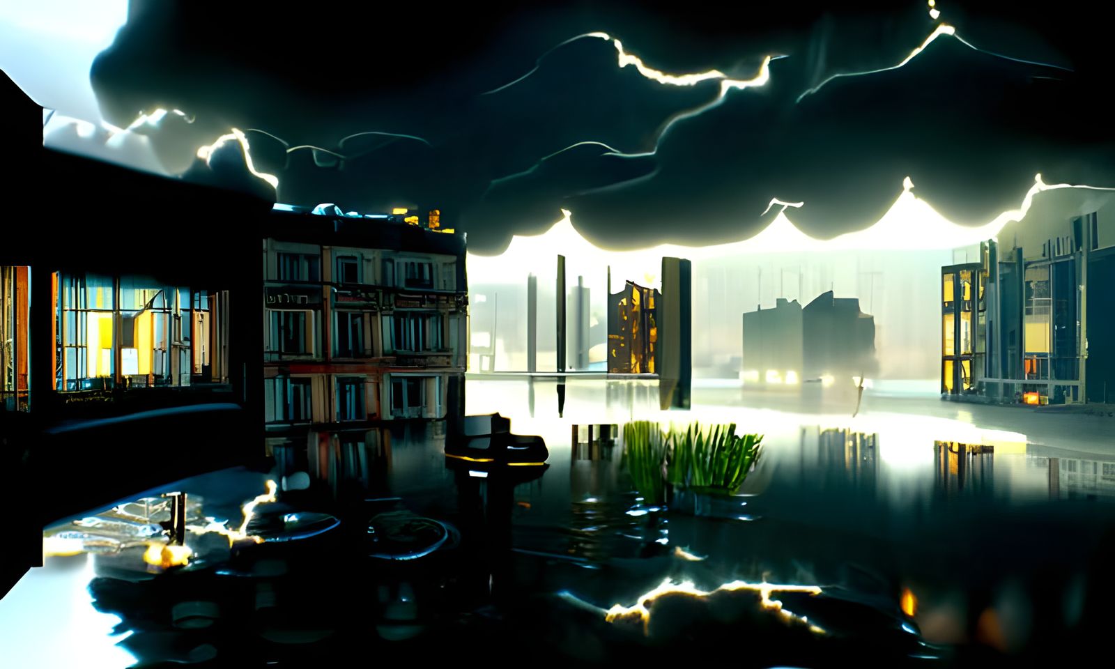 Nature Morte City Reflected in Stormy Lake
