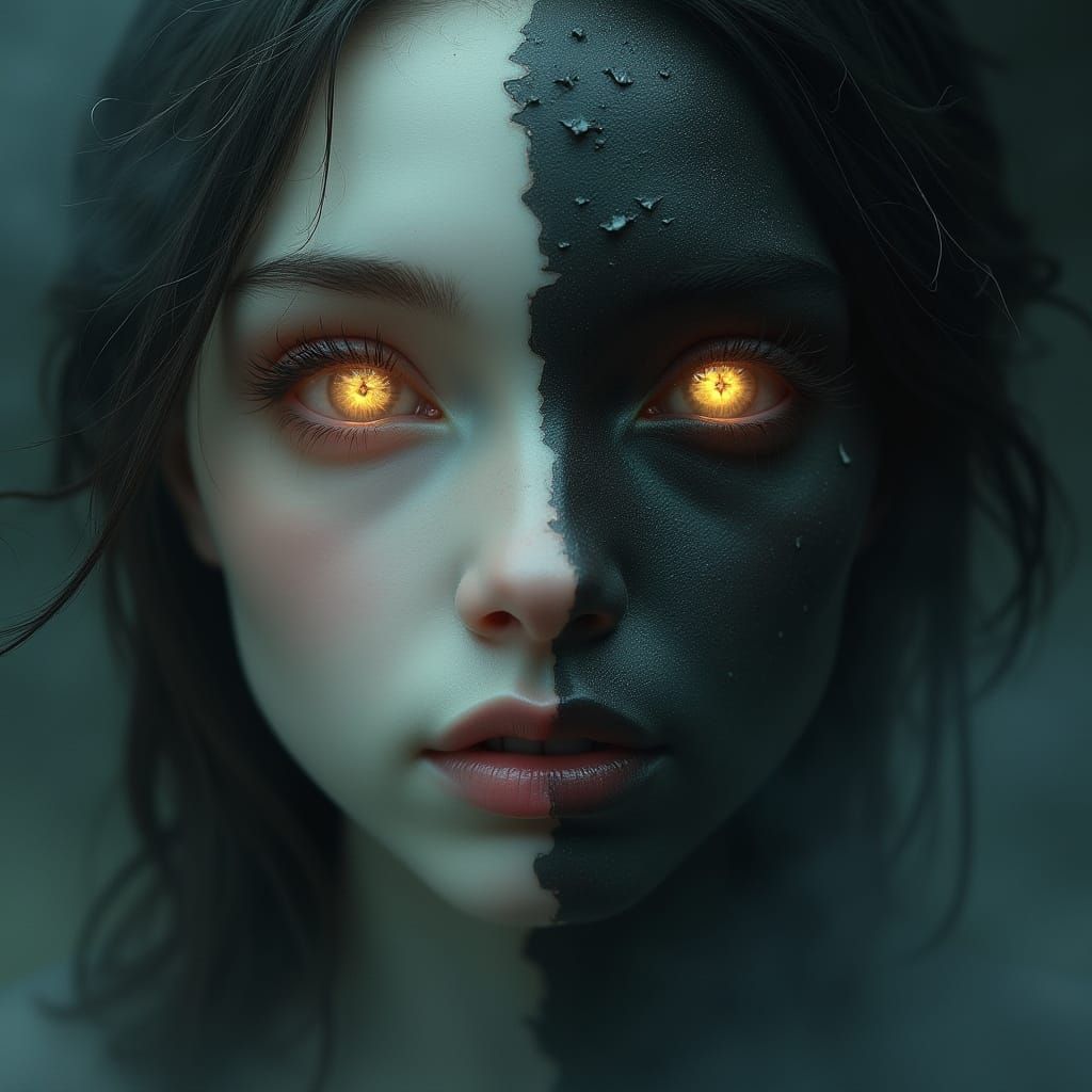 Androgynous Angel-Demon Face with Eerie Harmony