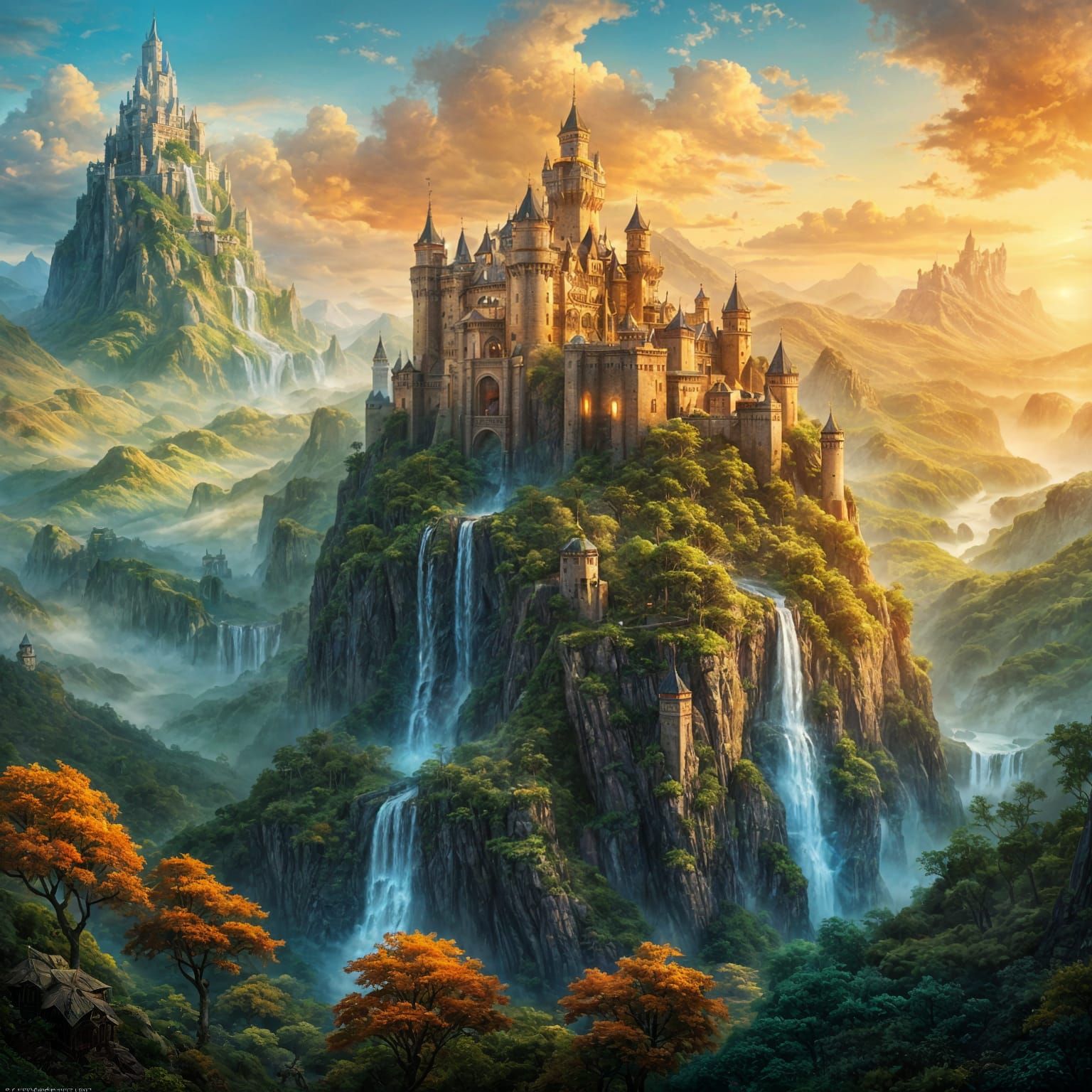 Mountain Castle with Waterfall: Fantasy Concept Art