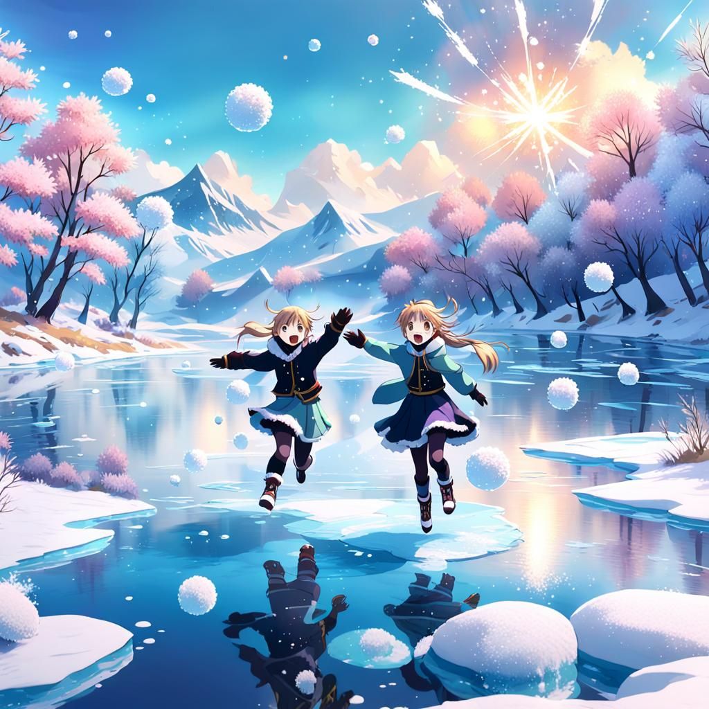 Children Fly Over Frozen Lake in Anime Style